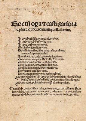 Lot 174 - Boethius (Anicius). Boetii op[er]a et castigatiora et plura q[uam] hactenus impressa fuerint, 1523