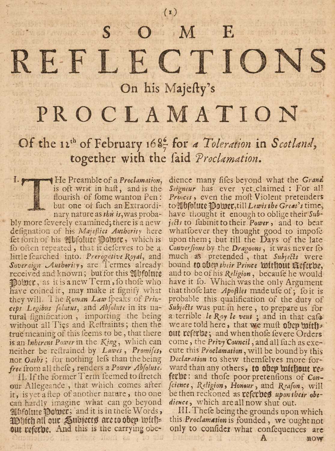 Lot 238 - James II. Some reflections on his Majesty's proclamation... for a toleration in Scotland, 1687