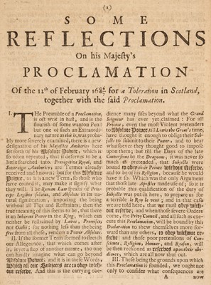 Lot 238 - James II. Some reflections on his Majesty's proclamation... for a toleration in Scotland, 1687