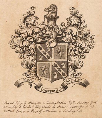 Lot 394 - Pepys (Samuel, 1633-1703). Armorial bookplate, circa 1680-1690 [but later]