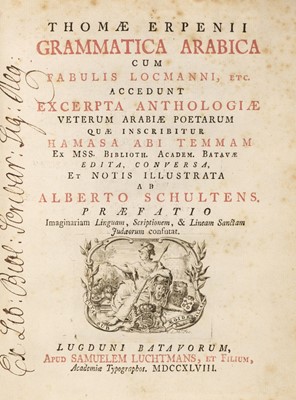 Lot 198 - Erpe (Thomas van). Grammatica Arabica cum Fabulis Locmanni, Leiden: Samuel Luchtmans, 1748