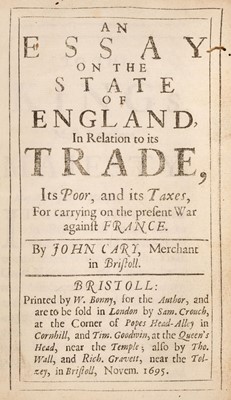 Lot 192 - Cary (John). An Essay on the State of England, 1st edition, 1695