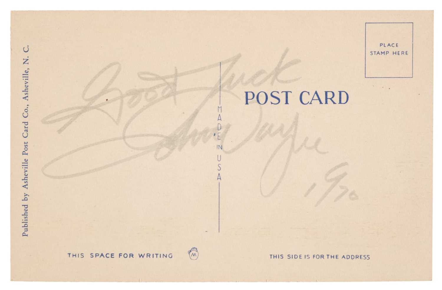 Lot 92 - Wayne (John, 1907-1979). Autograph Postcard Signed, 'John Wayne', 1970...