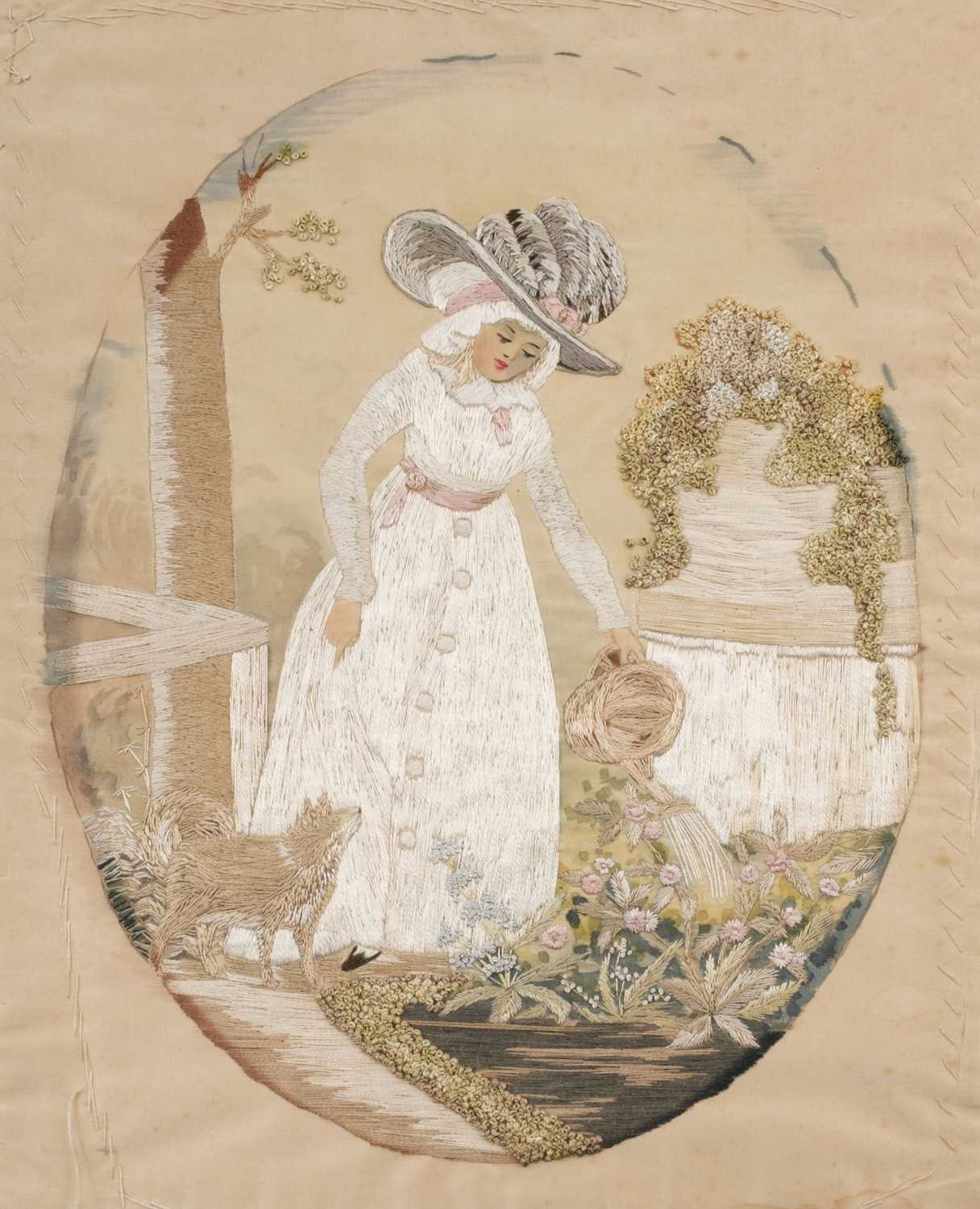 Lot 542 - Embroidered Picture. An 18th century-style oval needlework picture, early 20th century, & another