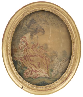 Lot 542 - Embroidered Picture. An 18th century-style oval needlework picture, early 20th century, & another