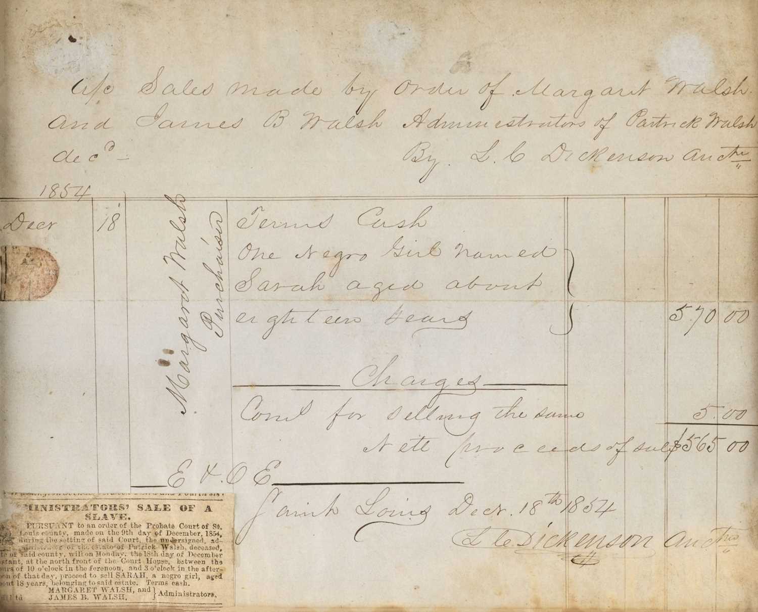 Lot 294 - Slave Bill of Sale. A manuscript bill of sale, St Louis, Missouri, 18 December 1854
