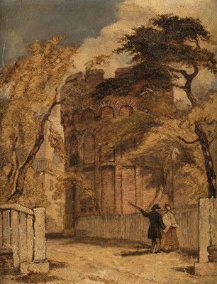 Lot 122 - Attributed to John Linnell (1792-1882). Couple admiring the round tower at Bruce Castle