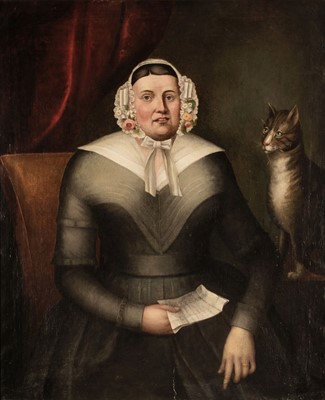 Lot 132 - Naive School. Woman with Cat, by Jones Leigh, 1846, naive oil on canvas portrait