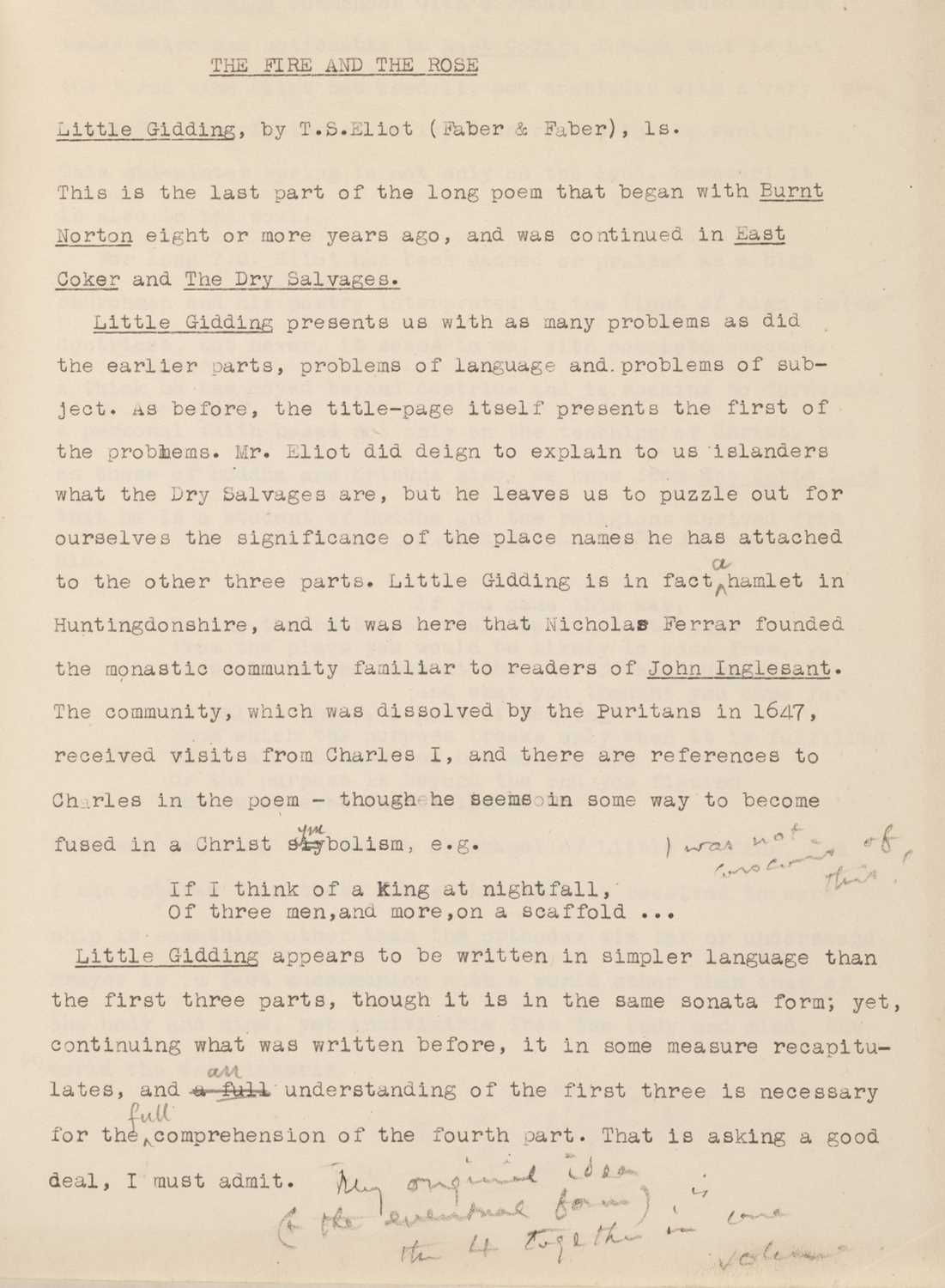 Lot 730 - Eliot (Thomas Stearns). An uncredited 6-page typed review with pencil remarks by Eliot, [1942]