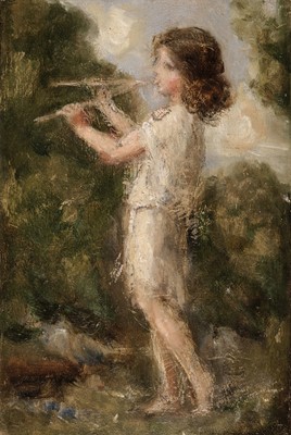 Lot 169 - Scottish School. Young Child playing an Aulos, circa 1880-1900, oil on canvas board