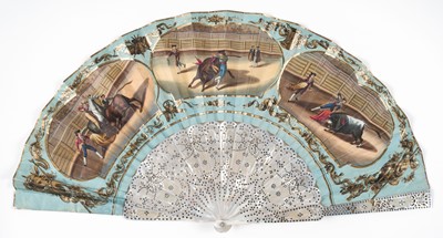 Lot 489 - Bullfighting Fan. A double-sided lithographed fan with scenes of bullfighting, Spain, circa 1850s
