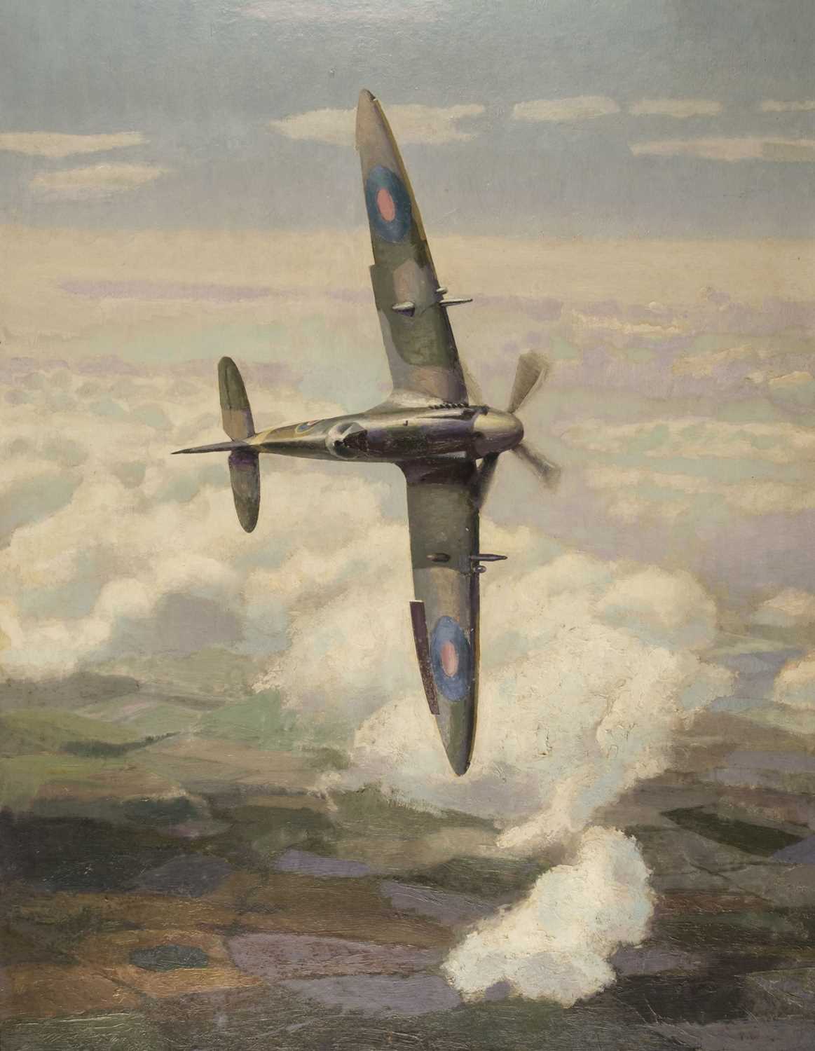 Lot 385 - English School, Spitfire in flight, oil on board