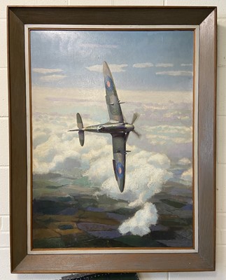 Lot 385 - English School, Spitfire in flight, oil on board
