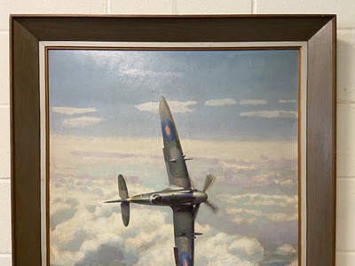 Lot 385 - English School, Spitfire in flight, oil on board