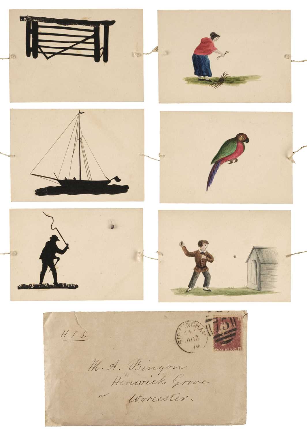 Lot 468 - Thaumatrope. A small collection of 6 handmade thaumatropes, circa 1875 and illusion cards