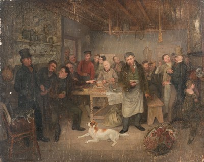 Lot 72 - Naive School. Interior of a Hostel, circa 1820-30, oil on wood panel
