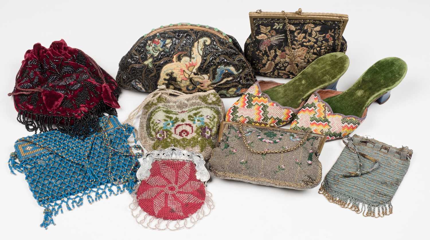 Lot 414 - Bags. A collection of 14 bags & purses, & hats, fans, shoes, & a muff, 19th-early 20th century