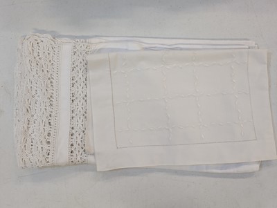 Lot 447 - Household Linen. A hand-worked filet lace and cutwork bedcover, French, circa 1900, & other items