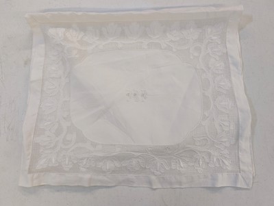 Lot 447 - Household Linen. A hand-worked filet lace and cutwork bedcover, French, circa 1900, & other items