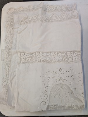 Lot 447 - Household Linen. A hand-worked filet lace and cutwork bedcover, French, circa 1900, & other items