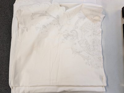 Lot 447 - Household Linen. A hand-worked filet lace and cutwork bedcover, French, circa 1900, & other items