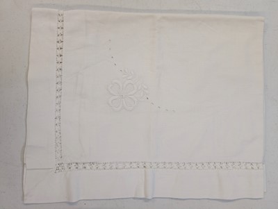 Lot 447 - Household Linen. A hand-worked filet lace and cutwork bedcover, French, circa 1900, & other items
