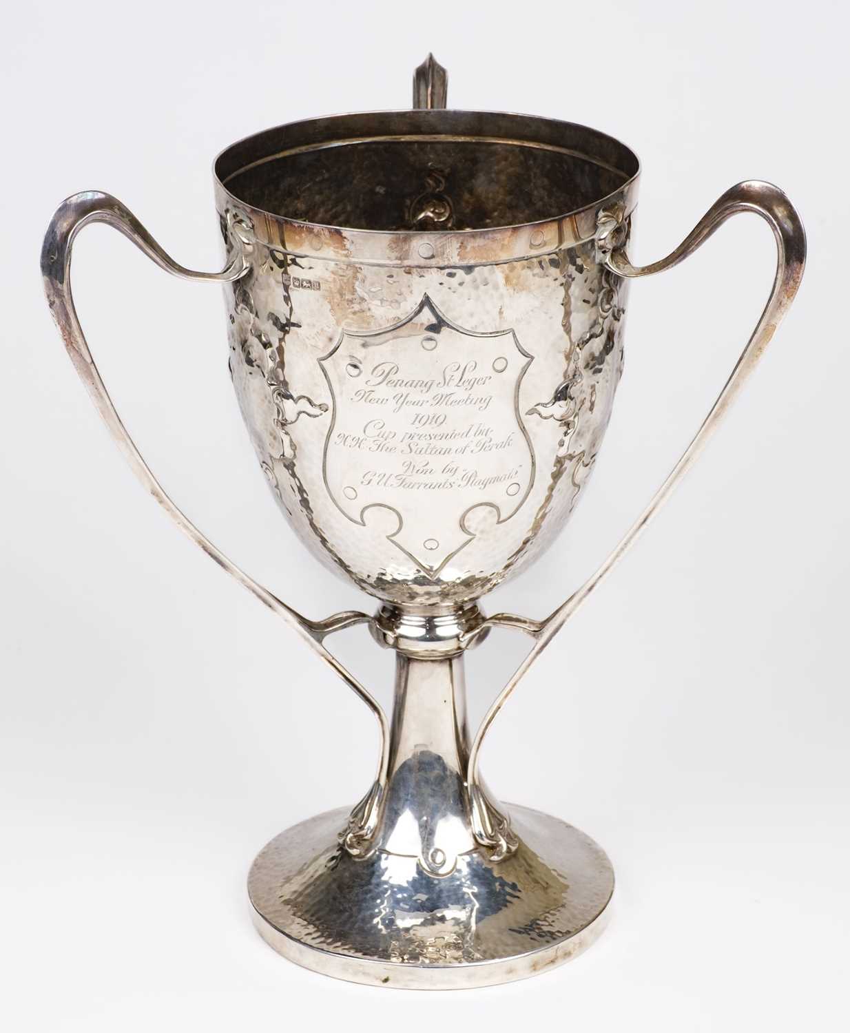 Lot 99 - Trophy Cup. A George V period silver three handled trophy cup by James Deakin & Sons, Sheffield, 1912