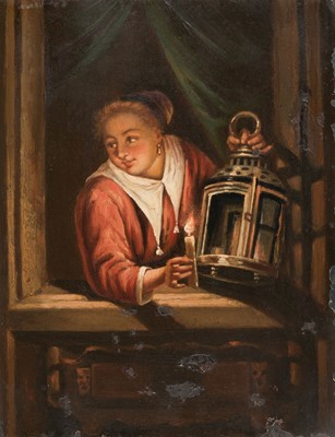 Lot 50 - Dou (Gerrit) A Woman holding a candle and a lantern, oil on thin copper