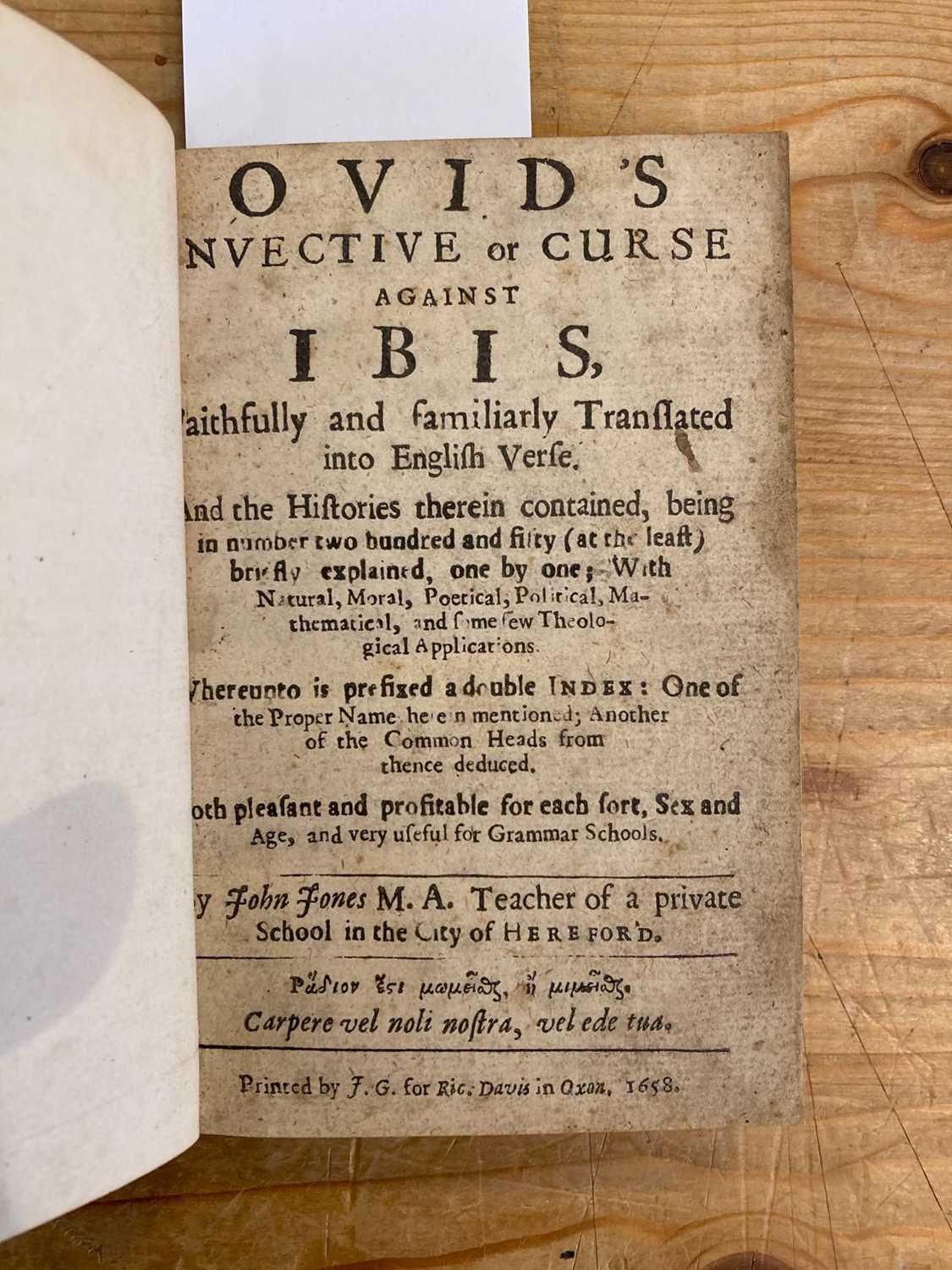 Lot 330 - Jones (John). Ovid's Invective or Curse against Ibis, 1st edition, 1658