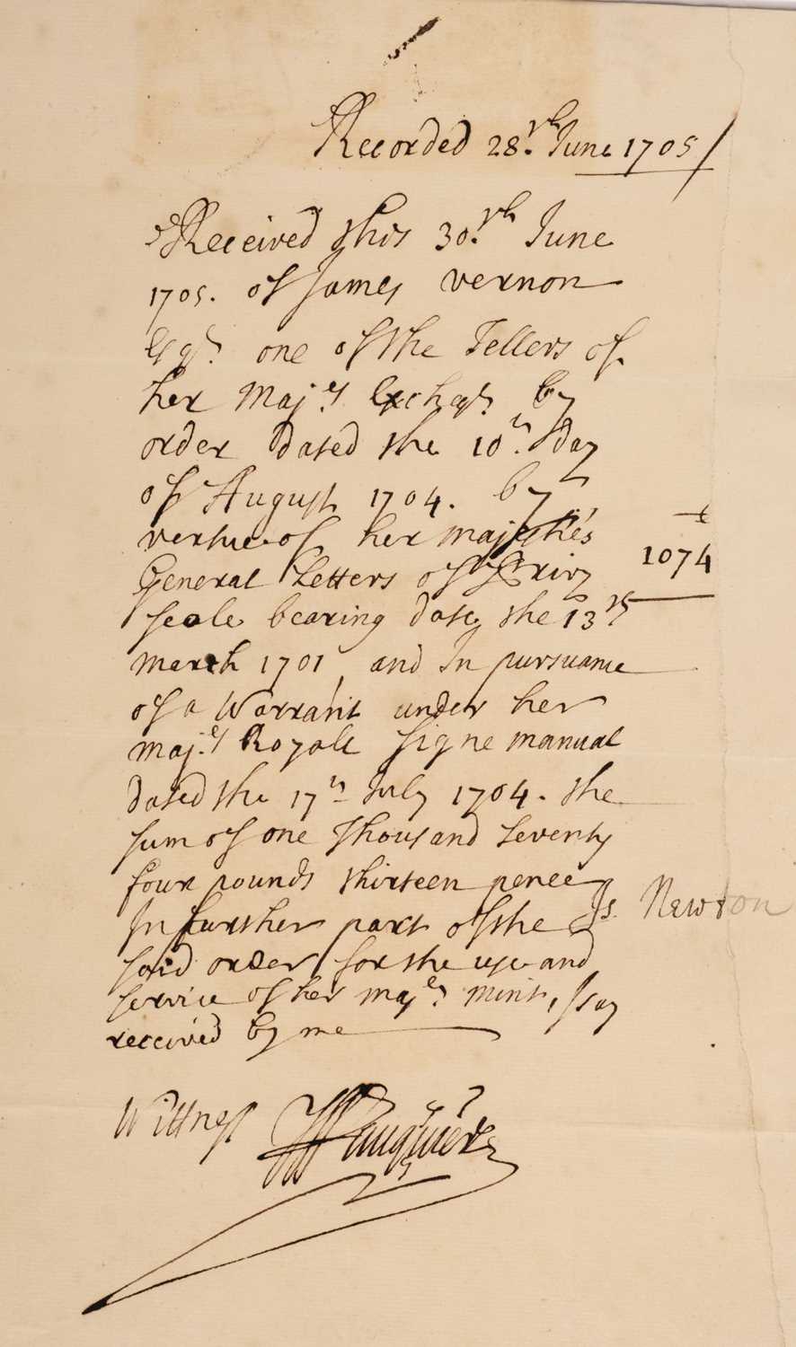 Lot 316 - Newton (Isaac, 1642-1727). Document Signed, ‘Is. Newt[on]’, 28 June 1705