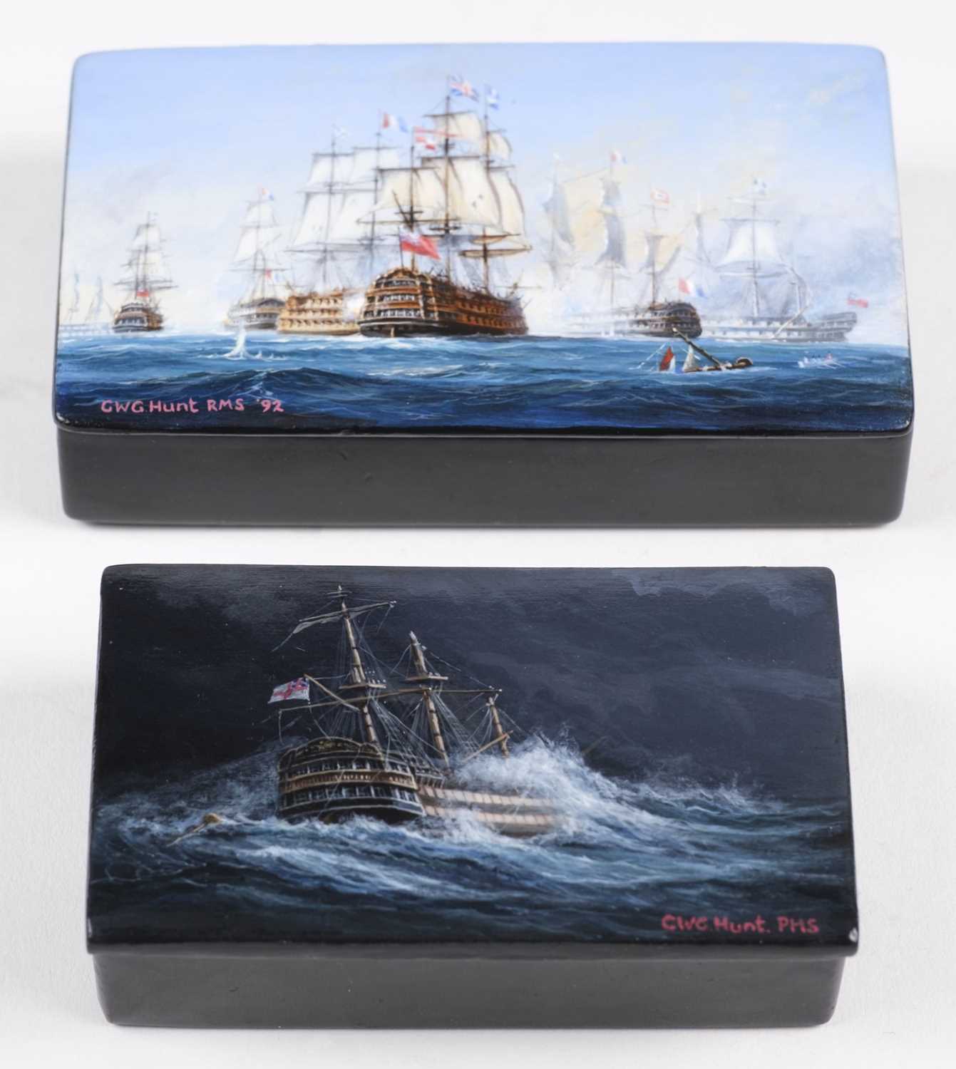 Lot 9 - Hunt (Geoff, died 2008). "The Battle of the Glorious First of June", oil on papier mache snuff box