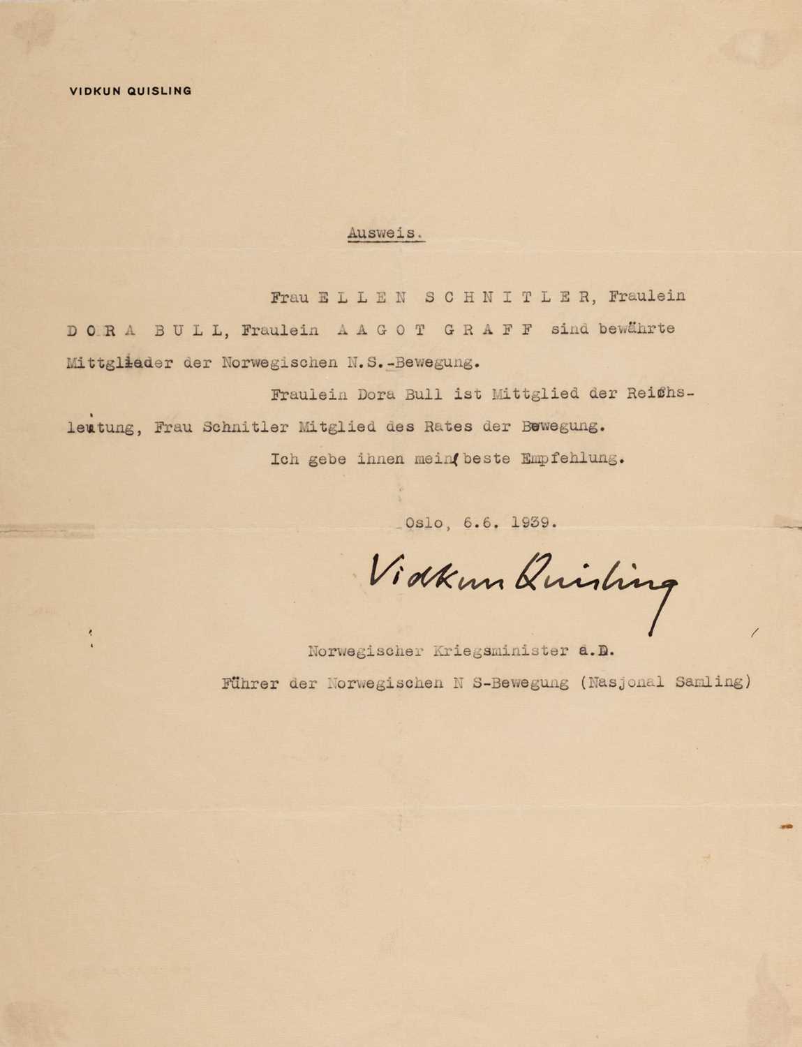 Lot 374 - Quisling (Vidkun, 1887-1945), Norwegian Military Officer, Politician...,Typed Letter Signed