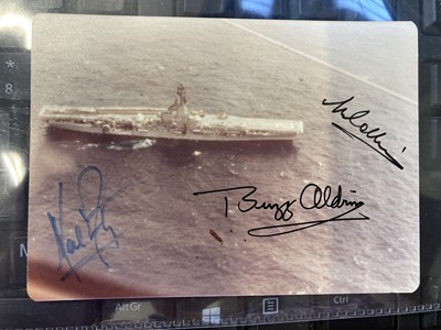 Lot 323 - Apollo 11. Photograph of the Apollo 11 recovery ship USS Hornet, signed by Armstrong, Aldrin and Collins