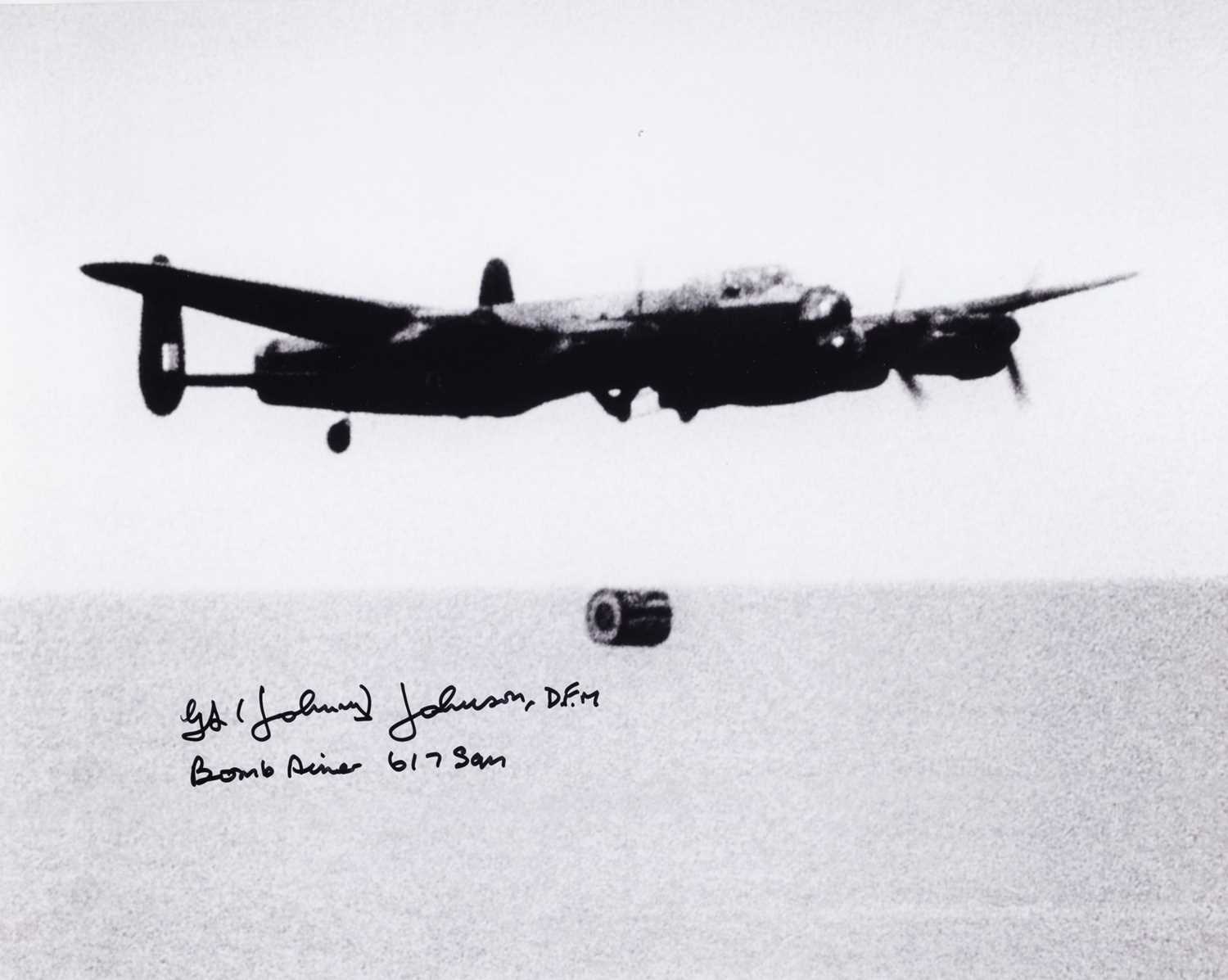 Lot 317 - Dambusters. Lancaster bomber, black and white photograph signed by Johnny Johnson, DFM
