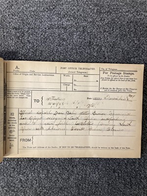 Lot 72 - WWI Telegrams. The Graphic Duplicate Telegram Book, 1914-1915