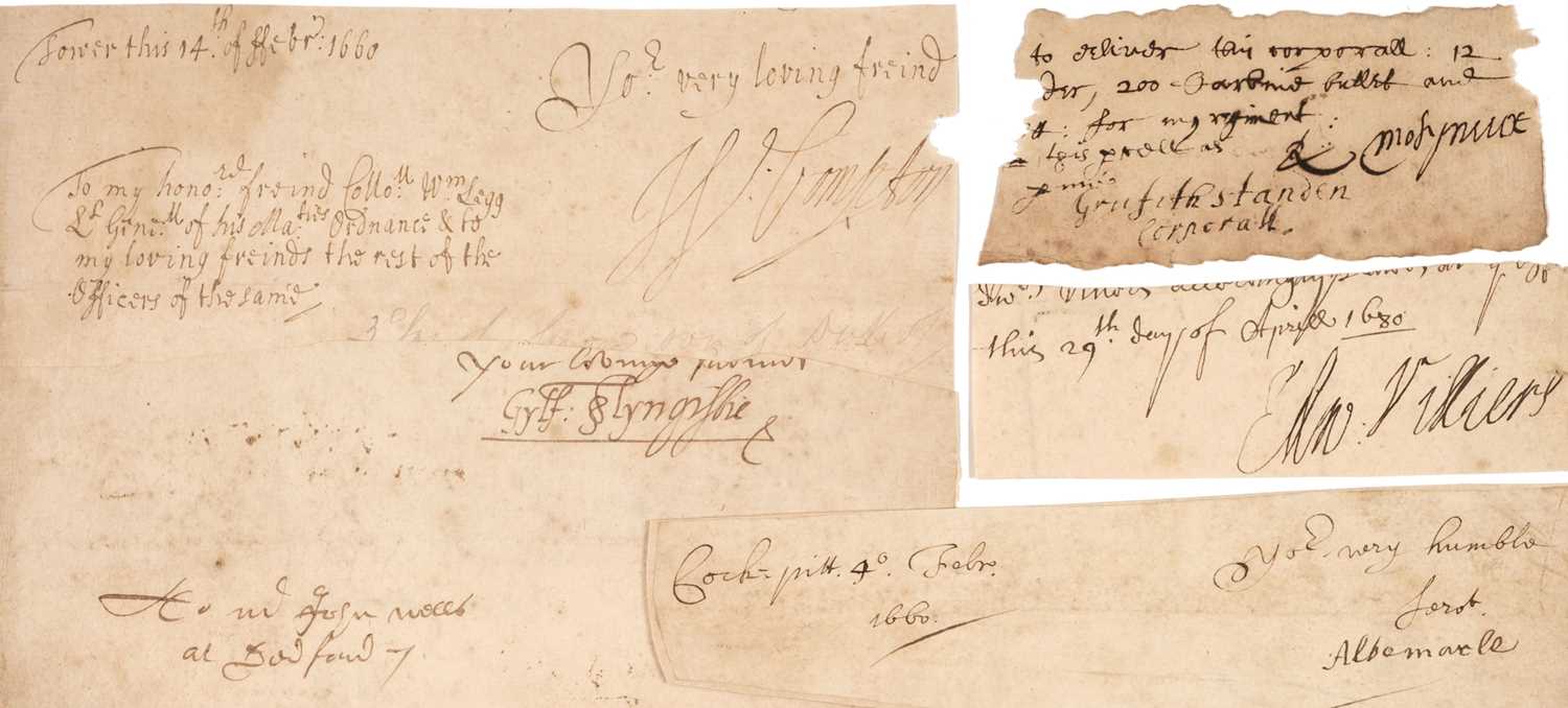 Lot 464 - Royalist soldiers of the English Civil War. A group of 5 Ink Signatures of Royalist soldiers