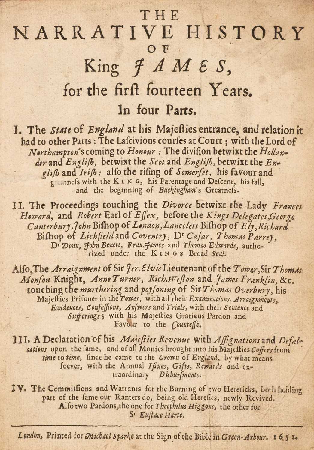 Lot 244 - James I (King of England). The Narrative History of King James for the first fourteen years..., 1651