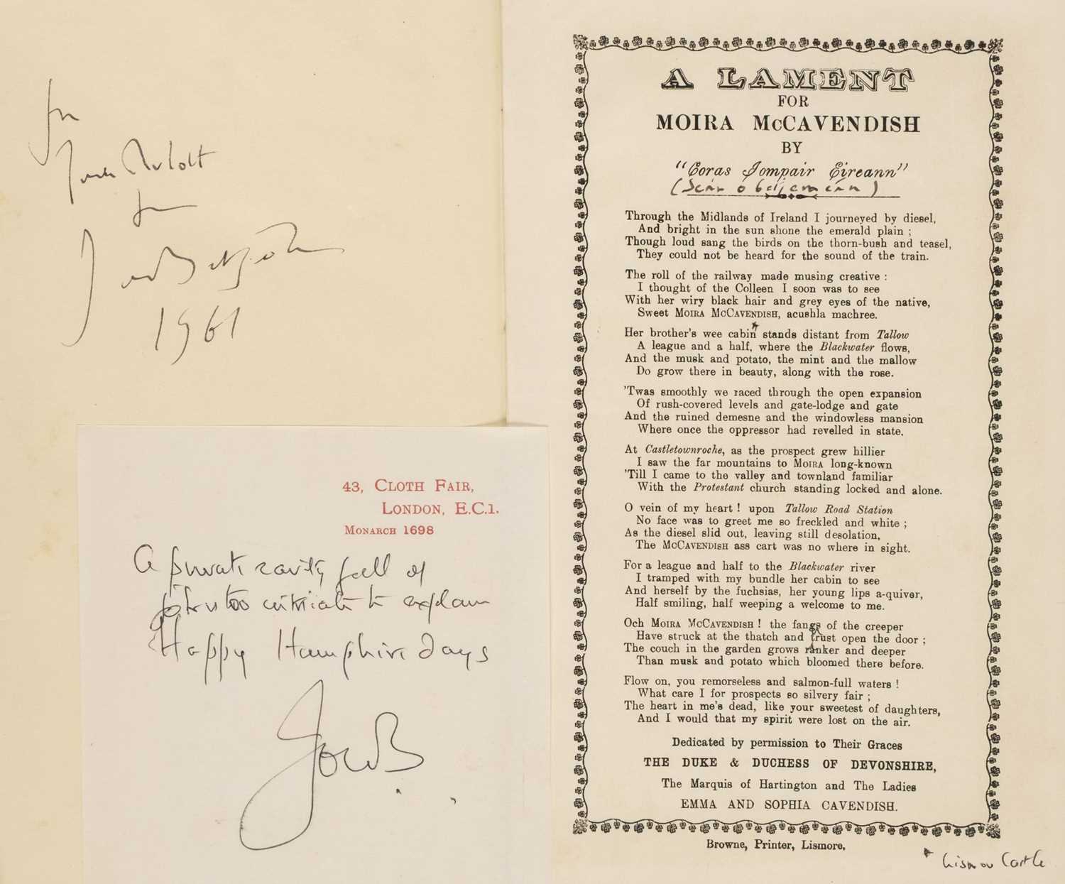 Lot 705 - Betjeman (John, 1906-1984). A Lament for Moira McCavendish by "Coras Jompair Eireann”, 1958