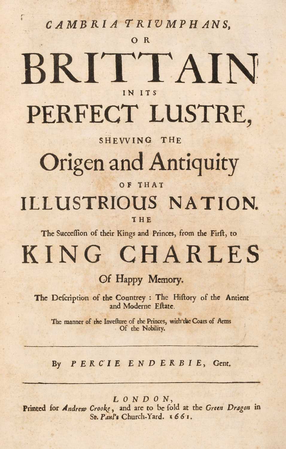 Lot 250 - Enderbie (Percy). Cambria Triumphans.., 1661..., and one other
