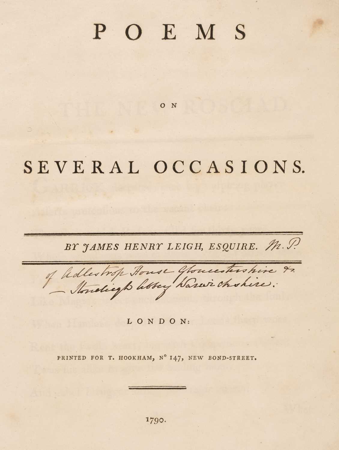 Lot 286 - Leigh (James Henry). Poems on Several Occasions, 1st edition, London: T. Hookham, 1790