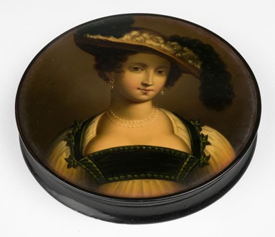 Lot 588 - Stobwasser. A German Stobwasser circular box circa 1810, Mademoiselle Lunden