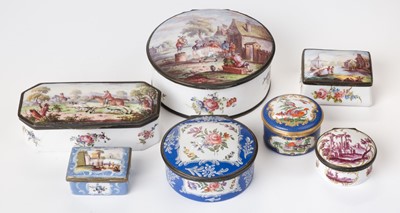 Lot 592 - Bilston enamel. A collection of Bilston enamel trinket boxes, 18th century and later