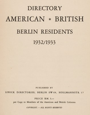 Lot 396 - Berlin Directory. Directory American * British Berlin Residents 1932/1933