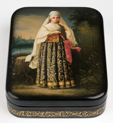 Lot 564 - Russian box. The girl in blue, Russian lacquer box by Yemelanov, Fedoskino School, late 20th century
