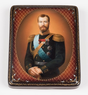 Lot 565 - Russian box. Tsar Nicholas II, Russian lacquer box, probably Fedoskino School, 1997