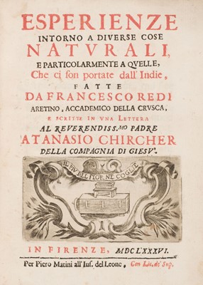 Lot 83 - Redi (Francesco). Esperienze Intorno a Diverse cose Naturali ... Portate dall' Indie, 1686