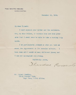 Lot 310 - Roosevelt (Theodore, 1858-1919). Typed Letter Signed, The White House, 11 December 1906