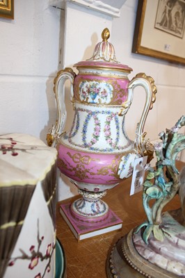 Lot 523 - Decorative ceramics. A pair of late Victorian Sevres style pink ground vases