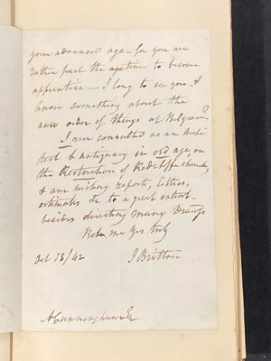Lot 39 - Britton (John, 1771-1857). Two autograph letters signed to Allan Cunningham, 1837 & 1842