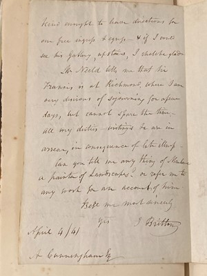 Lot 39 - Britton (John, 1771-1857). Two autograph letters signed to Allan Cunningham, 1837 & 1842